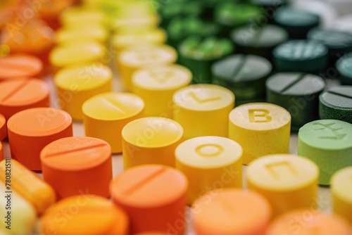 A close up of a bunch of different colored pills. Suitable for medical or pharmaceutical concepts