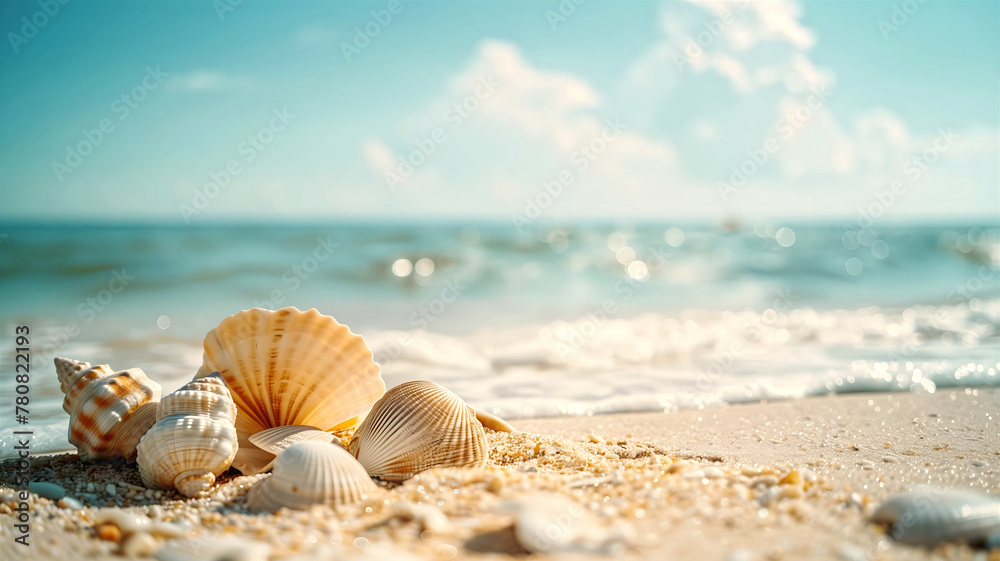 Summer background, sandy beach, ocean and seashells, blue sky, product presentation, seasonal template with copy space area, aesthetic banner, 