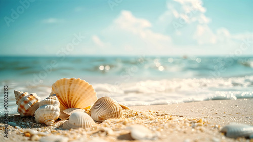 Summer background, sandy beach, ocean and seashells, blue sky, product presentation, seasonal template with copy space area, aesthetic banner,  © Karlo