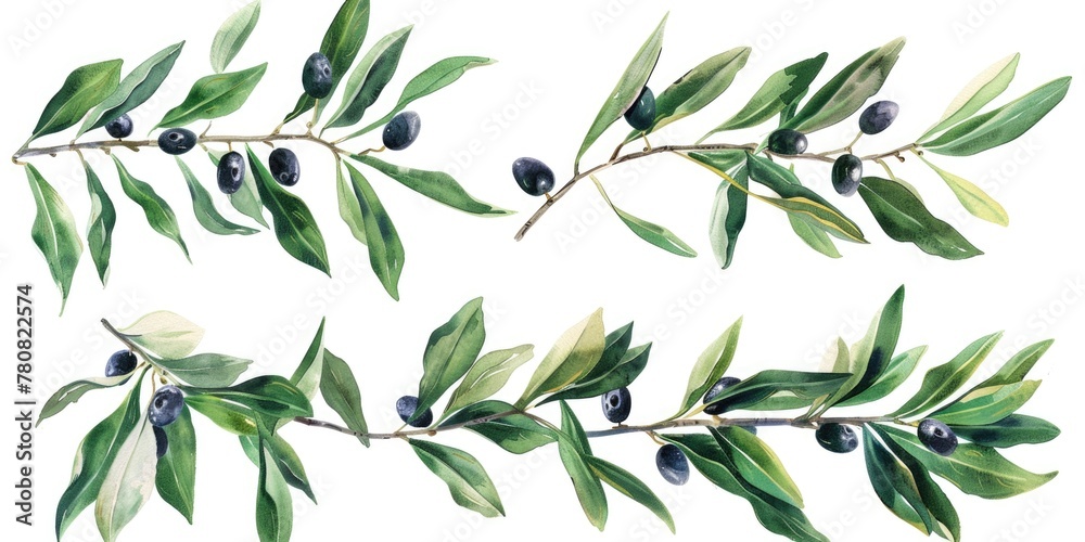 A painting of olives on a branch, suitable for food or nature concepts - obrazy, fototapety, plakaty 