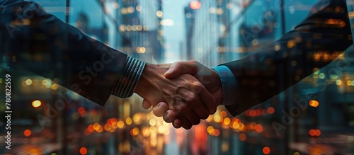 Close up of a Businessman handshake in front of an office building on blurred background.
