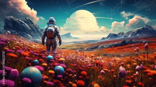 An astronaut stands on a flower-filled planet, merging the beauty of a cosmic landscape with the charm of blooming flowers.