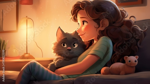 A girl and a kitten, seated on a sofa, capturing the essence of a heartwarming cartoon friendship.