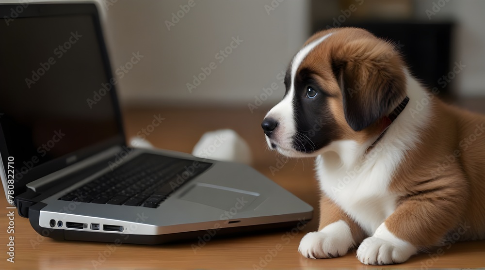 Saint bernard puppy with tabby cat in front of a laptop .Generative AI