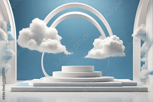 3D rendered podium stand with blue sky above adds a touch of serenity to the scene, perfect backdrop for an abstract stage.  photo