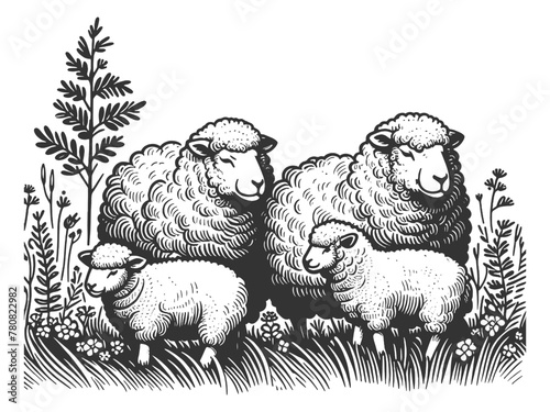 sheep grazing in a meadow field under a bright sun with fluffy clouds overhead sketch engraving generative ai fictional character vector illustration. Scratch board imitation. Black and white image.