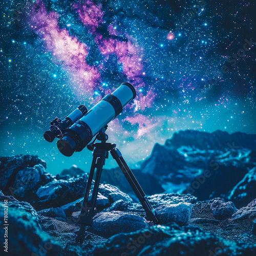 A telescope pointed towards a starry night sky, capturing the human desire to understand the cosmos, absent of any observer.