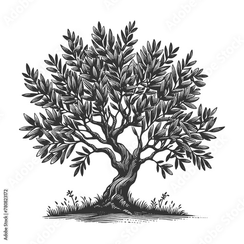 olive tree full of ripe olives, set in a serene landscape with intricate root system and foliage sketch engraving generative ai vector illustration. Scratch board imitation. Black and white image.