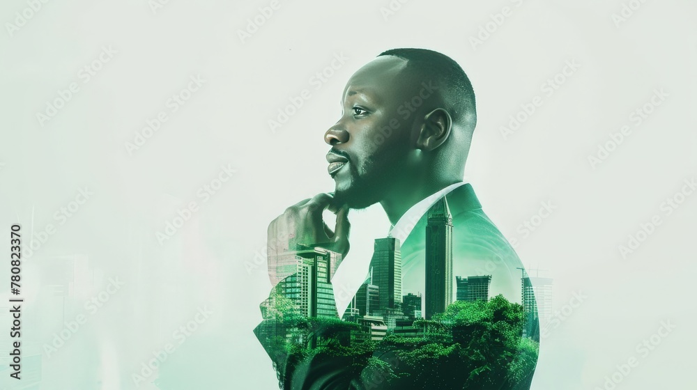 investor and graph double exposure photography of african businessman and beautiful city, green colors, on white background,  
