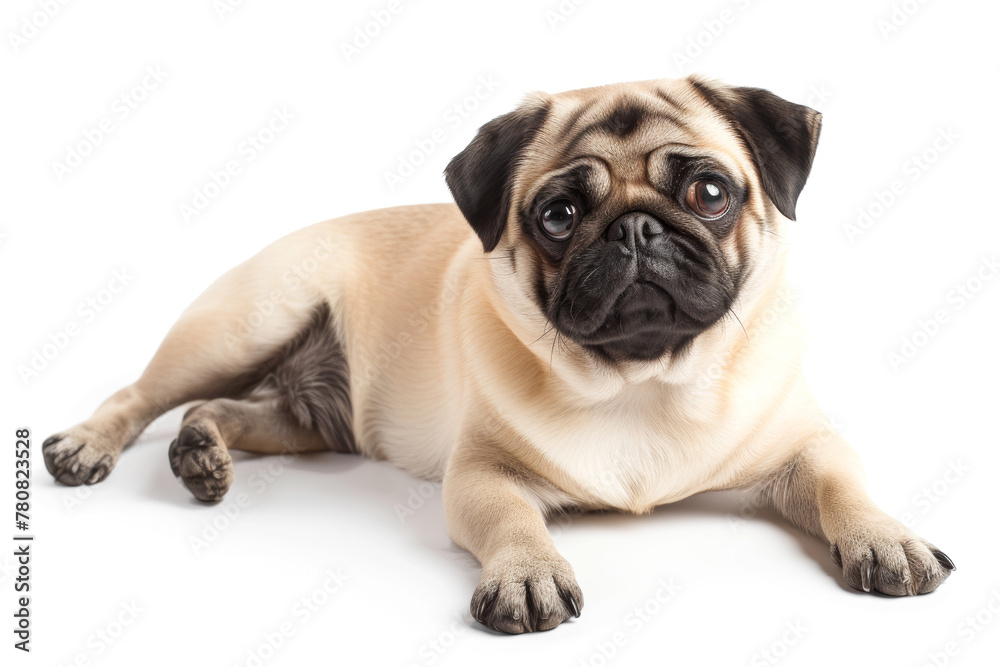 A pug dog is laying down on a white background and looking at the camera