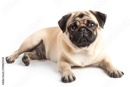 A pug dog is laying down on a white background and looking at the camera