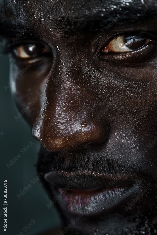 Close up of a man with black paint on his face. Suitable for Halloween or artistic concepts