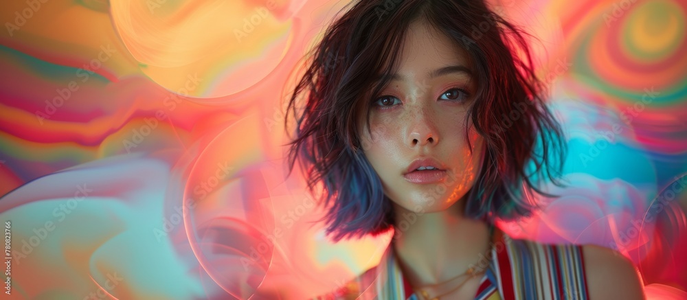 Artistic Pride Expression: Asian woman with pride-flag-colored bob in a striped dress against a pastel spiral backdrop Artistic Pride Expression: Asian woman with pride-flag-colored bob in a striped dress against a pastel spiral backdrop