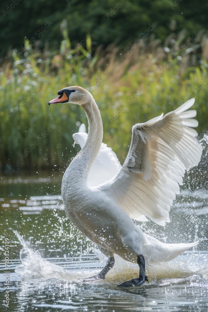 Obraz premium A large white swan splashing water on a body of water. Suitable for various nature and wildlife themes