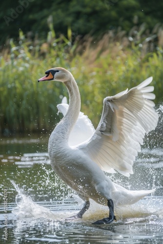 A large white swan splashing water on a body of water. Suitable for various nature and wildlife themes