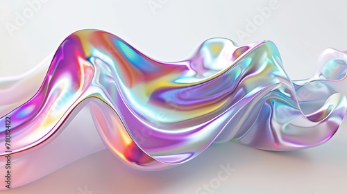 3D render of a fluid shape with holographic colors on a white background, Realistic bright molecular or fluid elements.