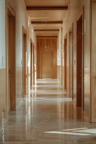 A long hallway with wood paneling and multiple doors. Suitable for real estate or interior design concepts