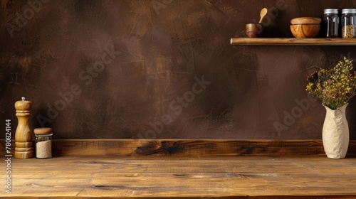 A simple wooden table with a vase of flowers. Suitable for home decor or interior design projects