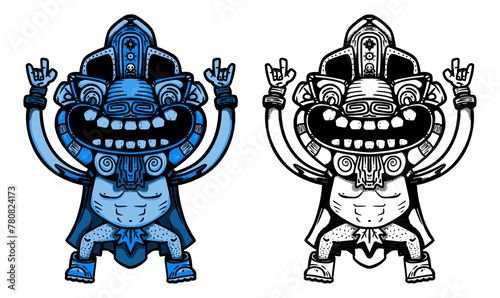 Guerrero azul haciendo cuernos y con máscara de estilo inca o maya