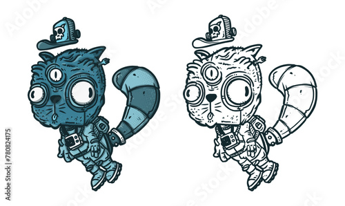 Gato azul con tres ojos y un traje espacial