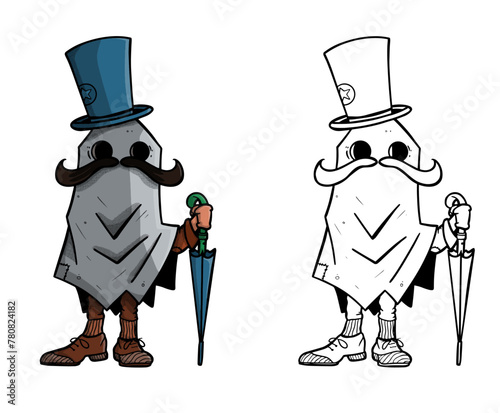 Personaje con una sabana por encima con sombrero de copa, un paraguas y bigote