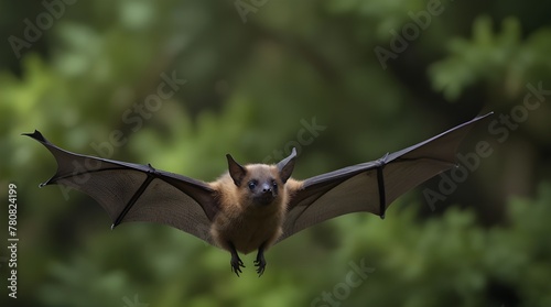 Flying Pipistrelle Bat In Natural Forest Background .Generative AI