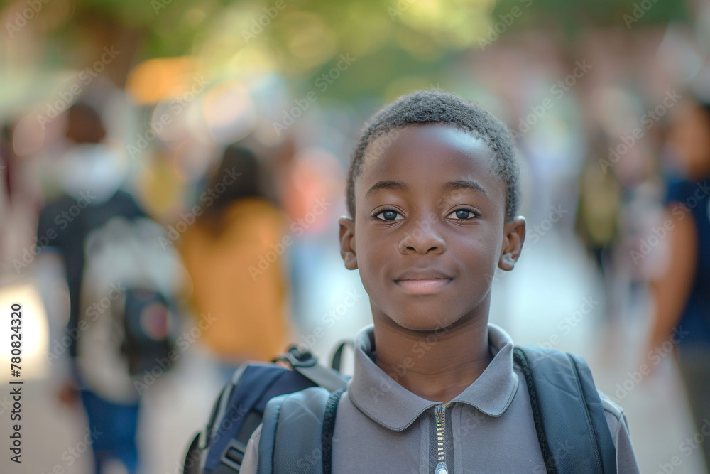 Portrait of  young Afro-American boy with backpack standing  in school or education center. Refugee or immigrant education. AI Generated