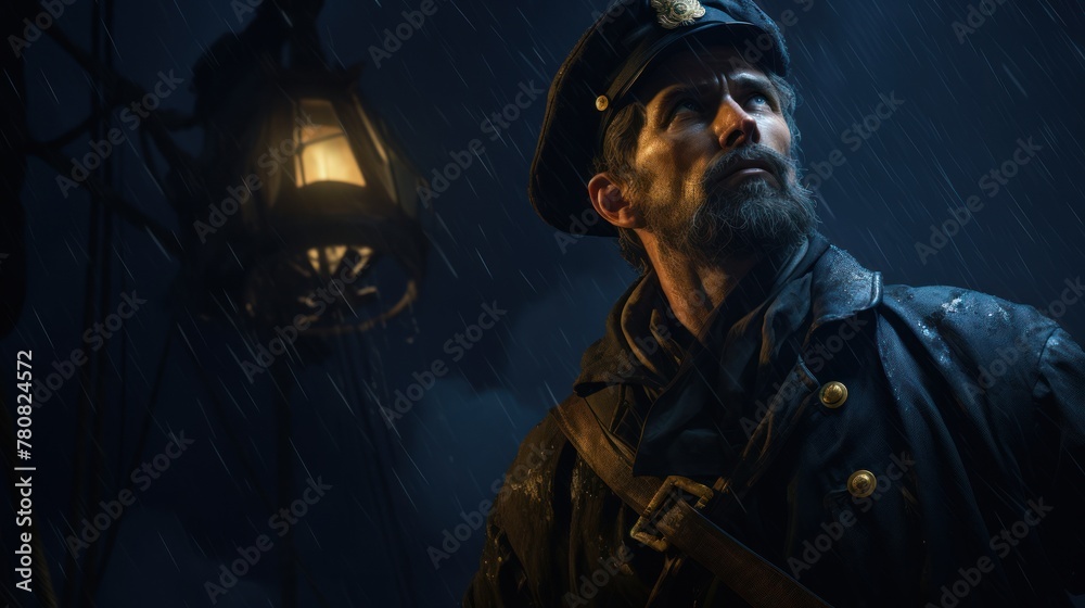 A man in a captain's cap and uniform stands in the rain, with a lantern on the left. He looks up at the sky and the scene is dark. A man in a captain's cap and uniform stands in the rain, with a lantern on the left. He looks up at the sky and the scene is dark.