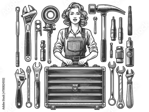 woman mechanic with a variety of tools and a toolbox sketch engraving generative ai fictional character vector illustration. Scratch board imitation. Black and white image.