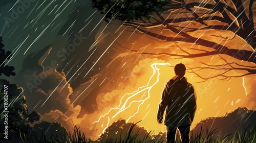 A man stands in a field with a tree, lightning bolt, and rain in the background.