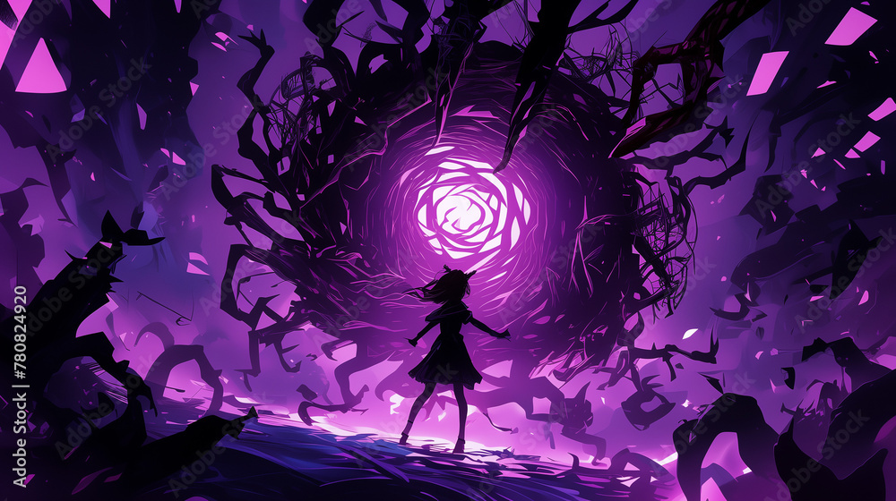 Fototapeta premium A solitary figure stands before an otherworldly portal amidst a tumult of abstract forms