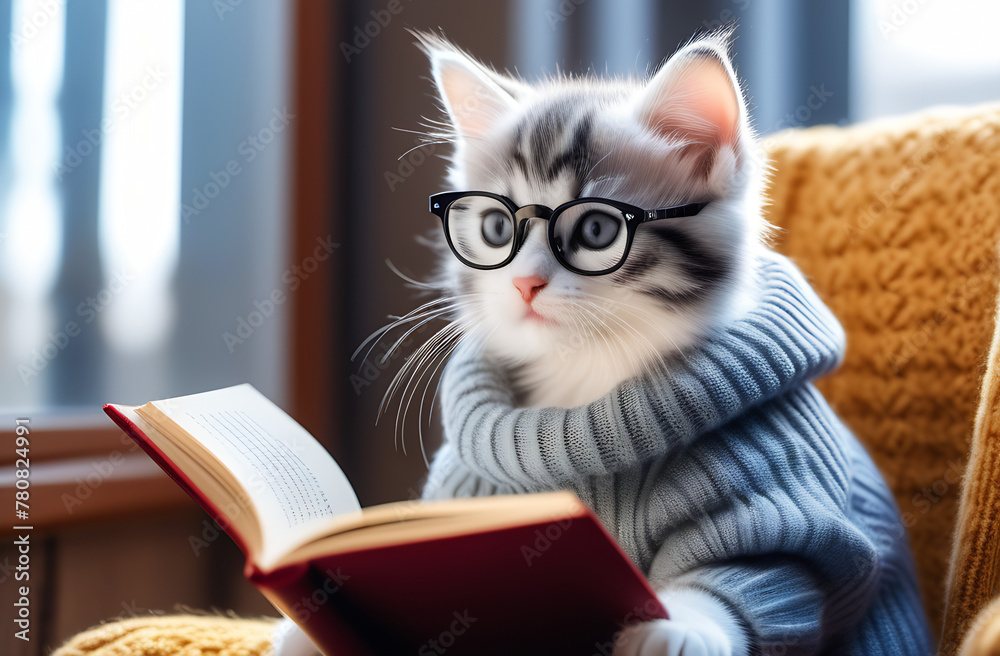 A cute kitten in glasses and a sweater is sitting in an armchair and reading a book in a cozy room