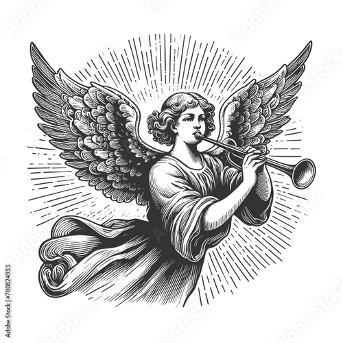 angel with majestic wings playing a horn trumpet, set against radiant light sketch engraving generative ai fictional character vector illustration. Scratch board imitation. Black and white image.