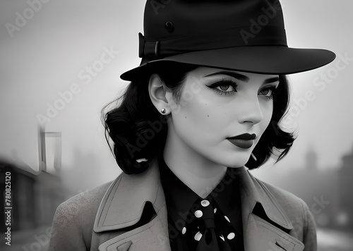 Portrait of a woman in a hat and coat, retro 50s style, black and white, against a city background, Generative AI