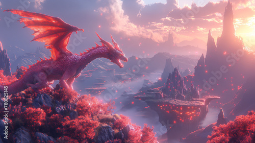 A majestic dragon glides over a stunning fantasy landscape, the air aglow with the warmth of a setting sun photo