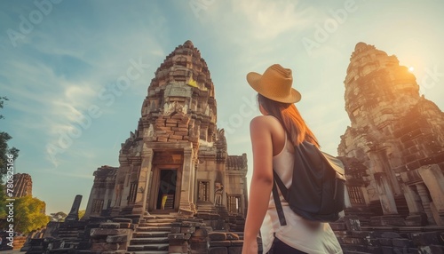 Young woman tourist visiting ancient ruins of southeast Asia.
