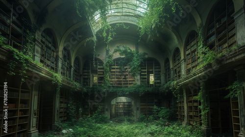 Nature's tendrils entwine around tomes of knowledge in an abandoned, ethereal library, a solemn testament to time's passage