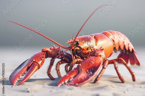 A lobster on a sandy beach on a sunny day. Suitable for seafood industry promotion