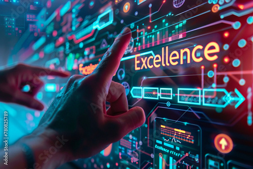 Closeup of hands pointing at digital screen with the words "Excellence" and a background showing a data flow diagram - Generative AI 