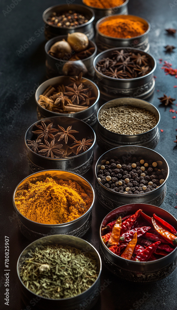 Assorted Spices and Herbs in Bowls for Culinary Use