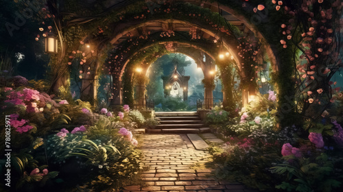 Archway in an enchanted fairy garden landscape © lali