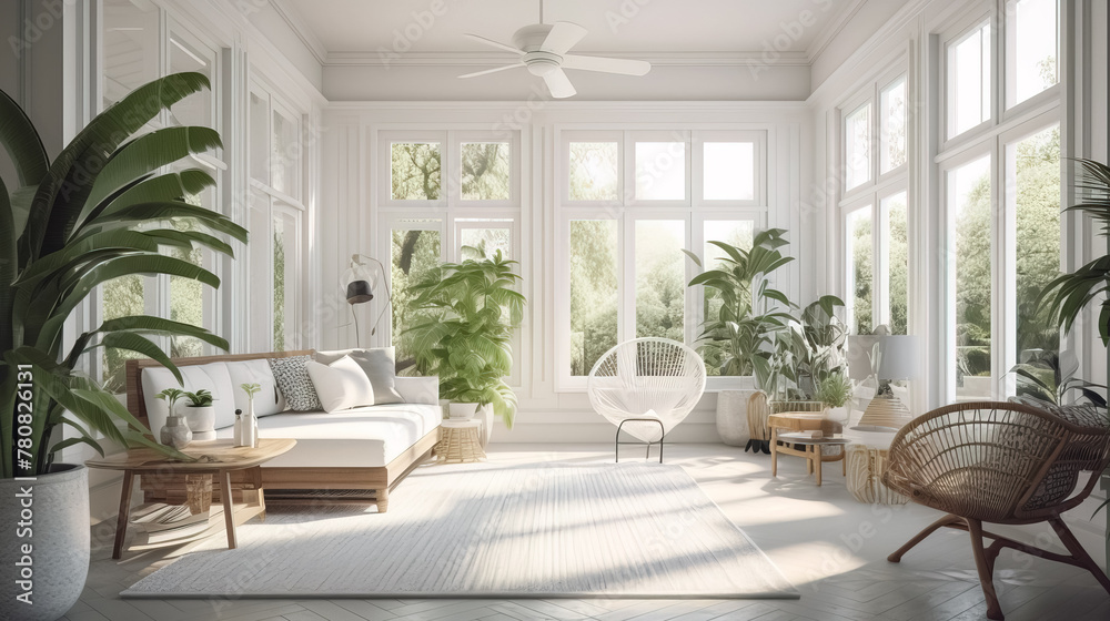 Fototapeta premium beautiful Bright and airy sunroom with a white wicker sofa, a tropical leaf print