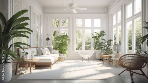 beautiful Bright and airy sunroom with a white wicker sofa  a tropical leaf print