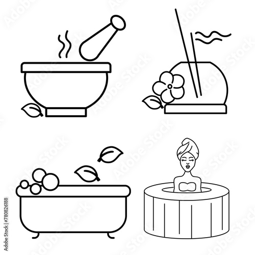 Editable stroke size. Icon in flat, contour, outline, thin and linear design. Spa treatments.Candles, oils and stones, water therapy. Beauty therapy and spa relaxation for wellness vector  Simple icon