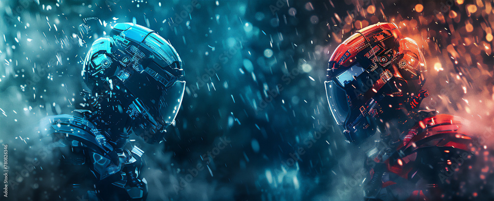 Two robots against each other, blue and red color, digital code in the form of rain on the background. light haze of fog.