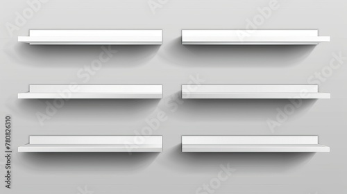 Assortment of empty white shelves isolated against a transparent background. Design elements presented in vector format.