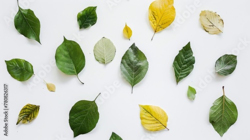 Diverse collection of leaves in various stages of growth and wilting, showcasing a natural array of green and yellow hues against a stark white background photo