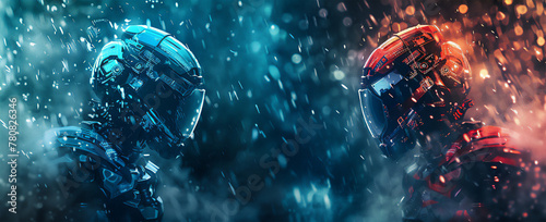 Two robots against each other  blue and red color  digital code in the form of rain on the background. light haze of fog.