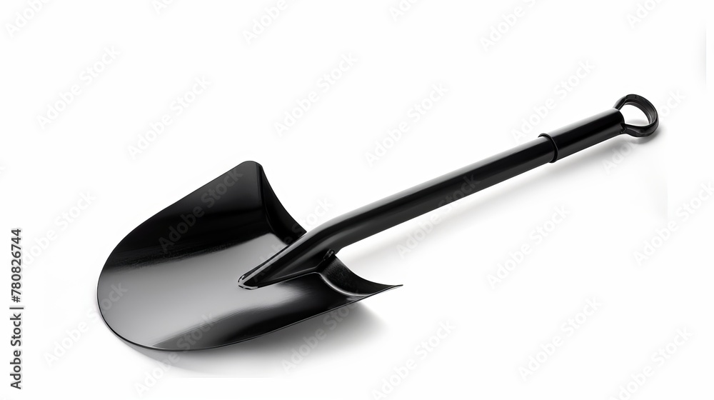 Black metal shovel presented in isolation on a white background.