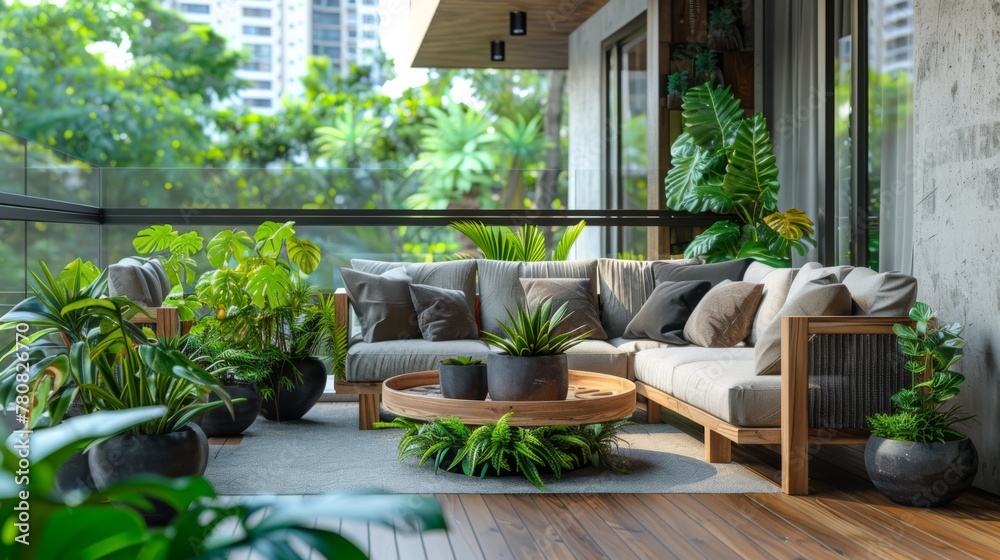 Fototapeta premium a stylish balcony is adorned with elegant furniture and lush greenery, creating a serene outdoor retreat 